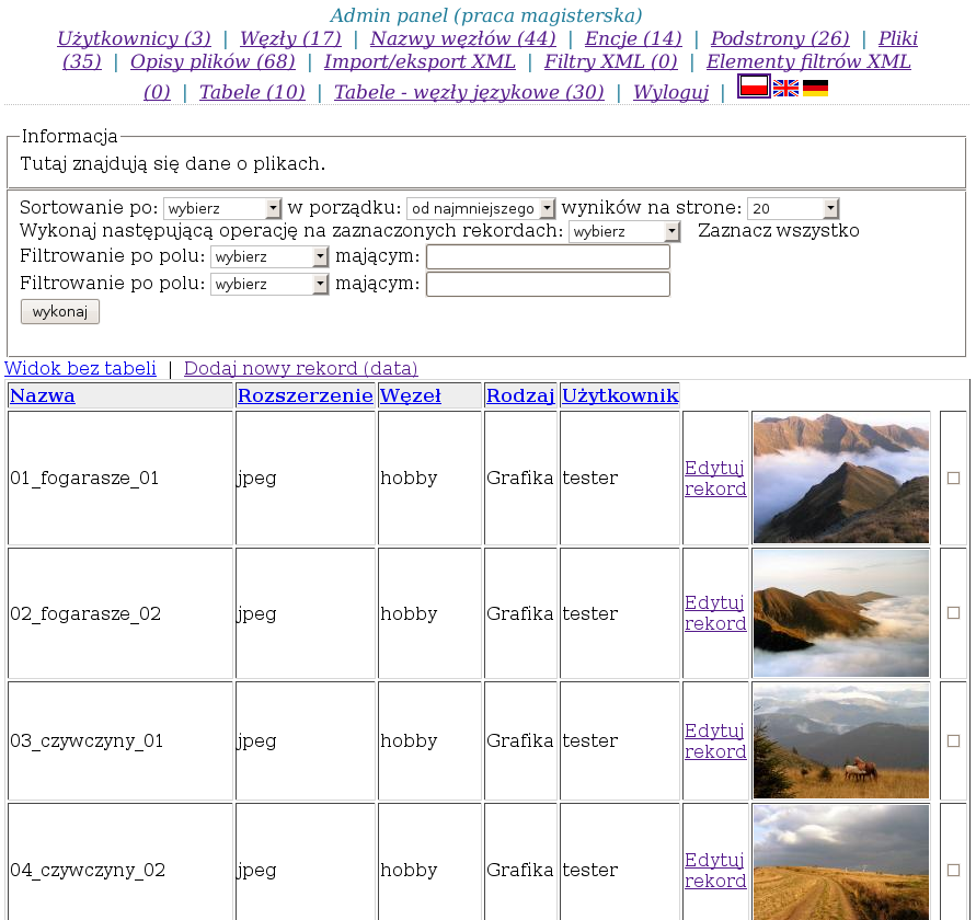 Screen showing data for selected table